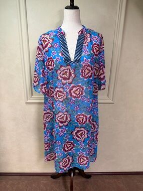Cabi Floral Primrose Blue Sheer Dress Short Sleeve Women’s Large.